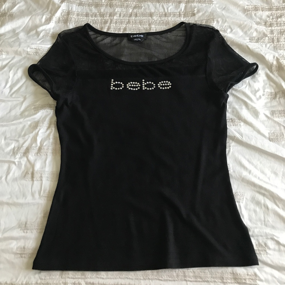 Bebe black top with mesh & Swarovski crystals logo